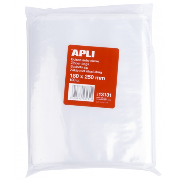 Apli Pack de 100 Bolsas de Auto Cierre 180 x 250 mm - Cierre Seguro - Aptas para Alimentos