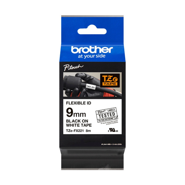 Brother TZeFX221 Cinta Laminada Flexible Original de Etiquetas - Texto negro sobre fondo blanco - Ancho 9mm x 8 metros