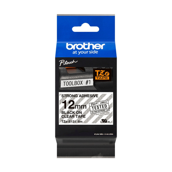 Brother TZeS131 Cinta Laminada Super Adhesiva Original de Etiquetas - Texto negro sobre fondo transparente - Ancho 12mm x 8 metr