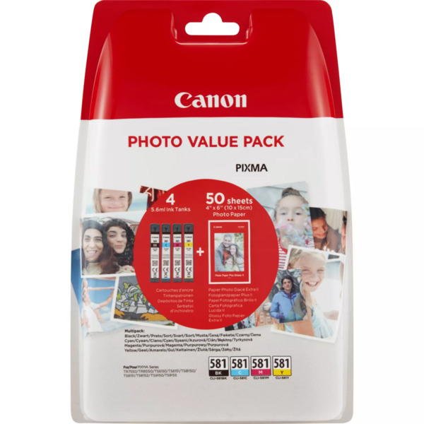 Canon CLI581 Pack de 4 Cartuchos de Tinta Originales - 50 Hojas de Papel Fotografico - 2106C005/2106C006