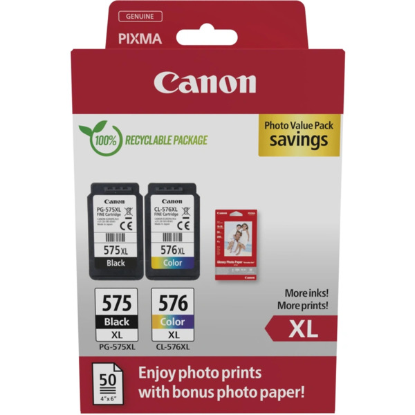 Canon PG-575XL/CL-576XL Multipack de 2 Cartuchos de Tinta Originales + 50 Hojas de Papel Fotografico - 5437C006