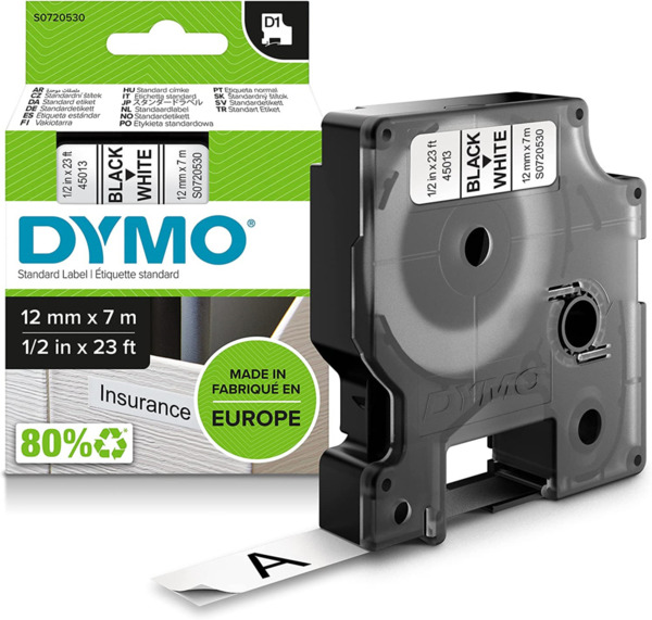 Dymo D1 45013 Cinta de Etiquetas Original para Rotuladora - Texto negro sobre fondo blanco - Ancho 12mm x 7 metros - S0720530