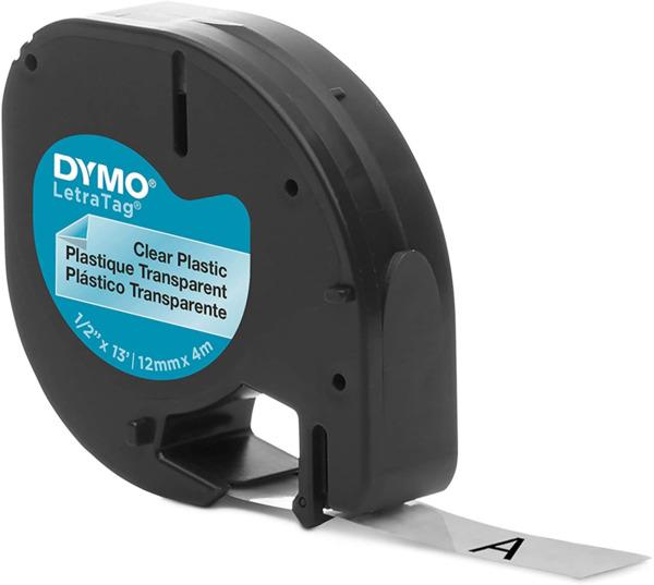 Dymo LetraTag S0721530 Cinta de Etiquetas Original para Rotuladora - Texto negro sobre fondo transparente - Ancho 12mm x 4 metro