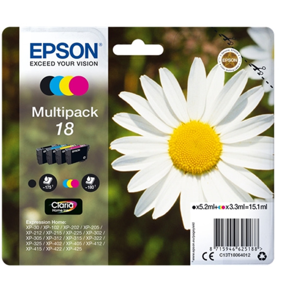 Epson T1806 (18) Pack de 4 Cartuchos de Tinta Originales - C13T18064012