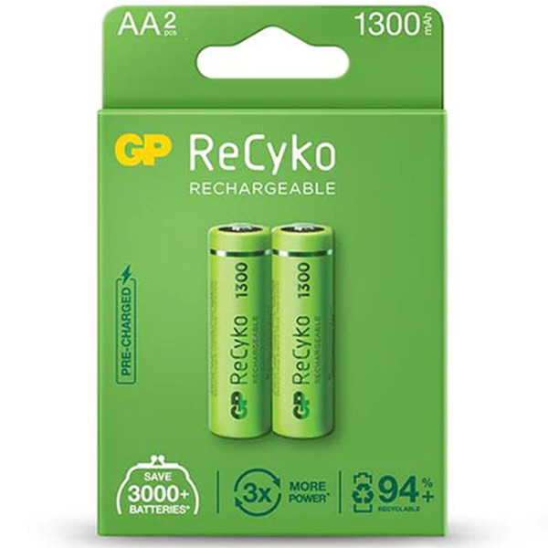 GP ReCyko Pack de 2 Pilas Recargables 1300mAh AA 1.2V - Precargadas - Fabricadas con mas del 10% de Materiales Reciclados