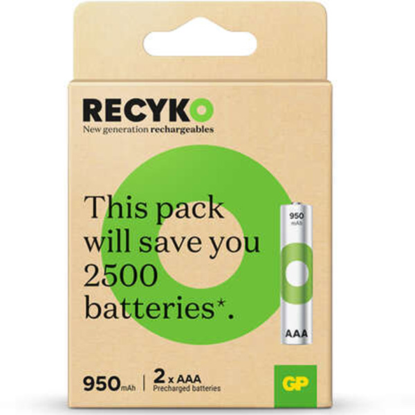 GP ReCyko Pack de 2 Pilas Recargables 950mAh AAA 1.2V - Precargadas - Ciclo de Vida: Hasta 1.000 Veces