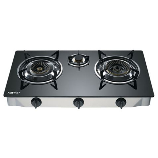 Muvip Cocina de Gas Inox 3 Fuegos - Cristal Templado - Encendido Piezoelectrico - Quemador de Hierro Fundido Desmontable