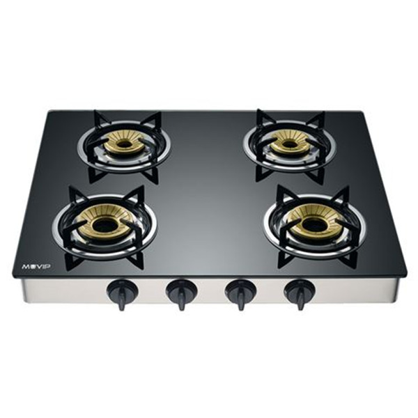 Muvip Cocina de Gas Inox 4 Fuegos - Cristal Templado - Encendido Piezoelectrico - Quemador de Hierro Fundido Desmontable