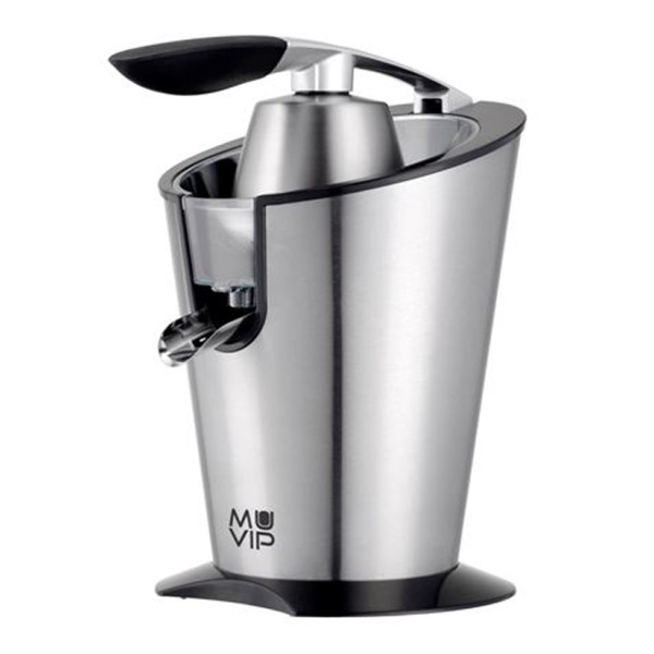 Muvip Exprimidor Electrico Inox 600W - Cuerpo, Mango y Filtro de Acero Inoxidable - Sistema Antigoteo - 2 Tamaños de Conos