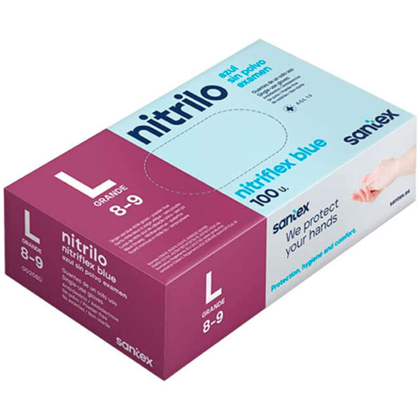 Santex Nitriflex Blue Pack de 100 Guantes de Nitrilo para Examen Talla L - 3.5 gramos - Sin Polvo - Libre de Latex - No Esterile