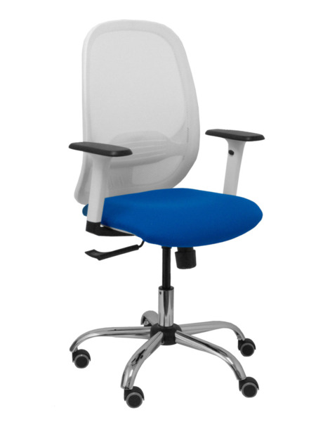 Silla Cilanco blanca malla blanca asiento bali azul brazo regulable base cromada ruedas de parqué