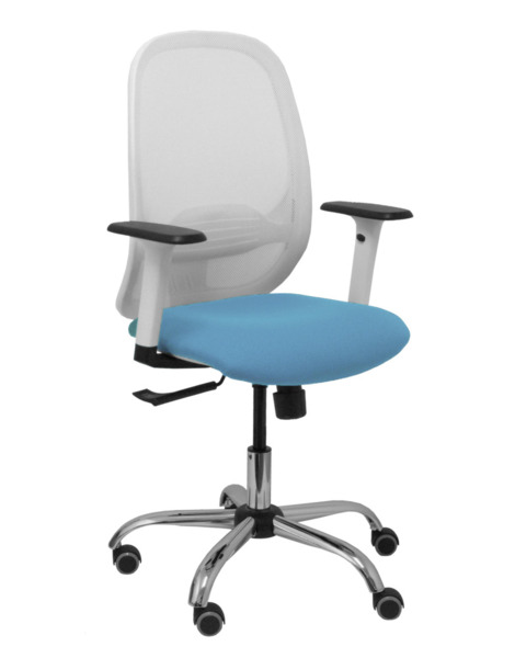 Silla Cilanco blanca malla blanca asiento bali azul cielo brazo regulable base cromada ruedas de parq ué (1)