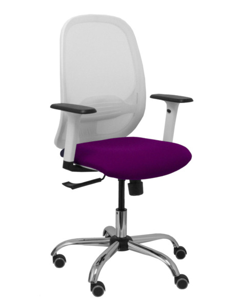 Silla Cilanco blanca malla blanca asiento bali morado brazo regulable base cromada ruedas de parqué