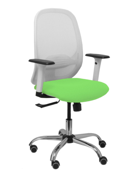 Silla Cilanco blanca malla blanca asiento bali pistacho brazo regulable base cromada ruedas de parqué (1)