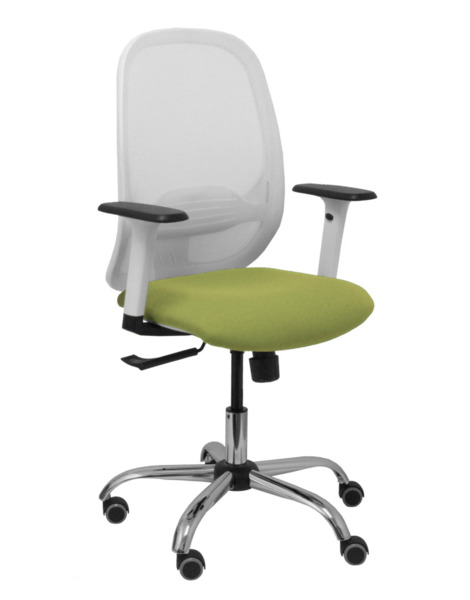 Silla Cilanco blanca malla blanca asiento bali verde oliva brazo regulable base cromada ruedas de parqué