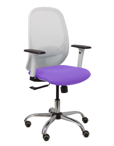 Silla de oficina Cilanco blanca malla blanca asiento bali lila brazo regulable base cromada ruedas de parqué