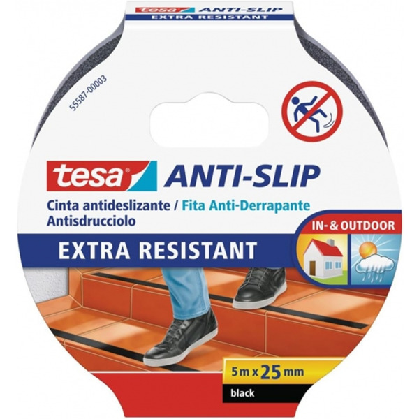 Tesa Cinta Adhesiva Antideslizante 25mm x 5m - Extremadamente Fuerte y Duradera - Adhesion muy Fuerte - Se puede Cortar a Mano -